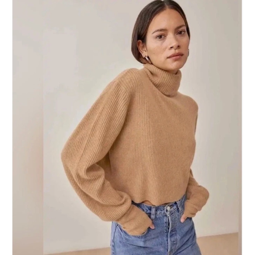 Reformation Camel Cashmere Ribbed Turtleneck Cropped‎ Sweater XL